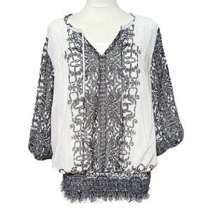 Fig &‎ Flower Anthropologie Black White Peasant Boho Blouse Top Smocked Hem 3X